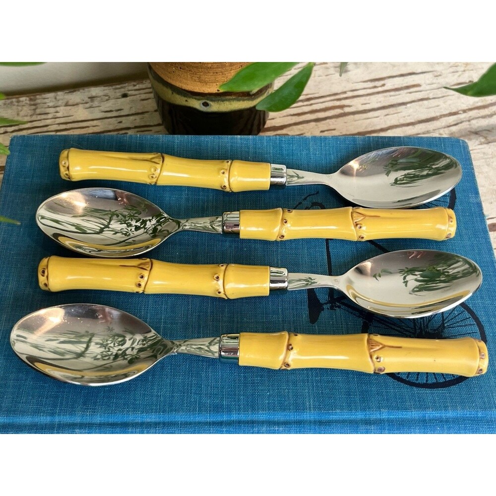 Vintage Faux Bamboo Soup Spoons (4) By Cambridge Hollywood Regency Style 7.5”
